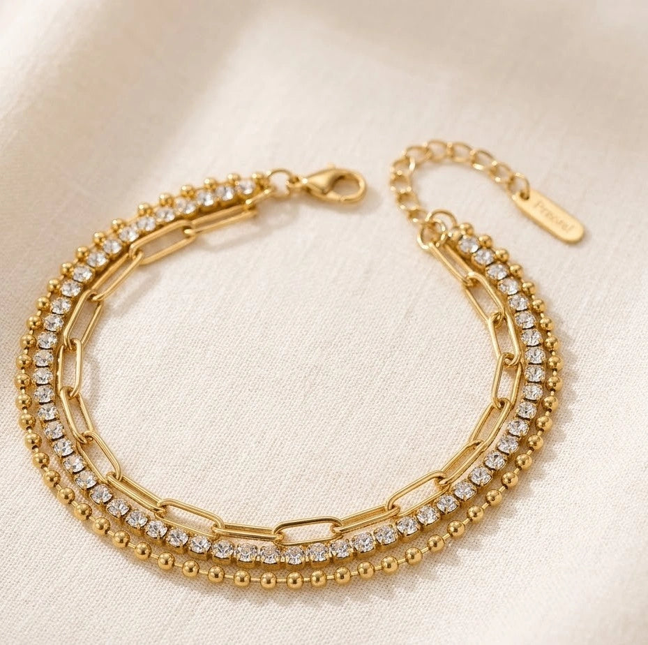 Triple Layer Mixed Chain Anti Tarnish Gold Plated Bracelet