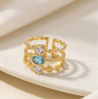 Anti-Tarnish Triple Band Blue Stone Ring | Gold Plated Adjustable Stacking Ring