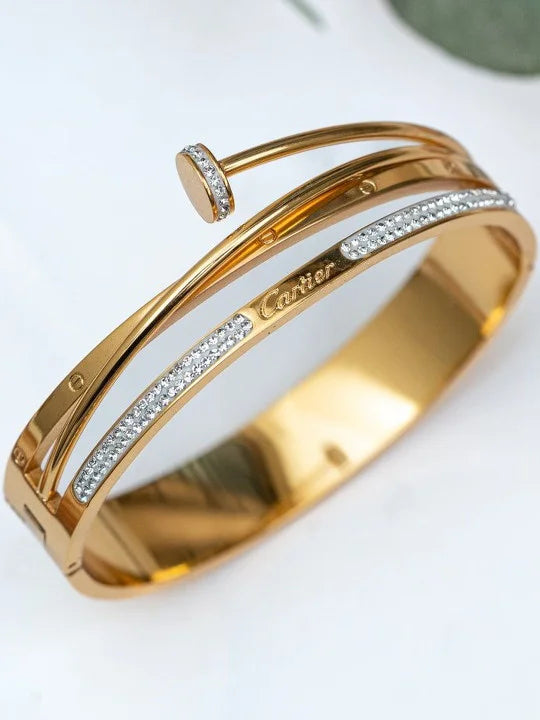 Triple Layer Nail Bangle - Gold Plated Anti-Tarnish Crystal Bracelet | Korean Style Statement Jewelry