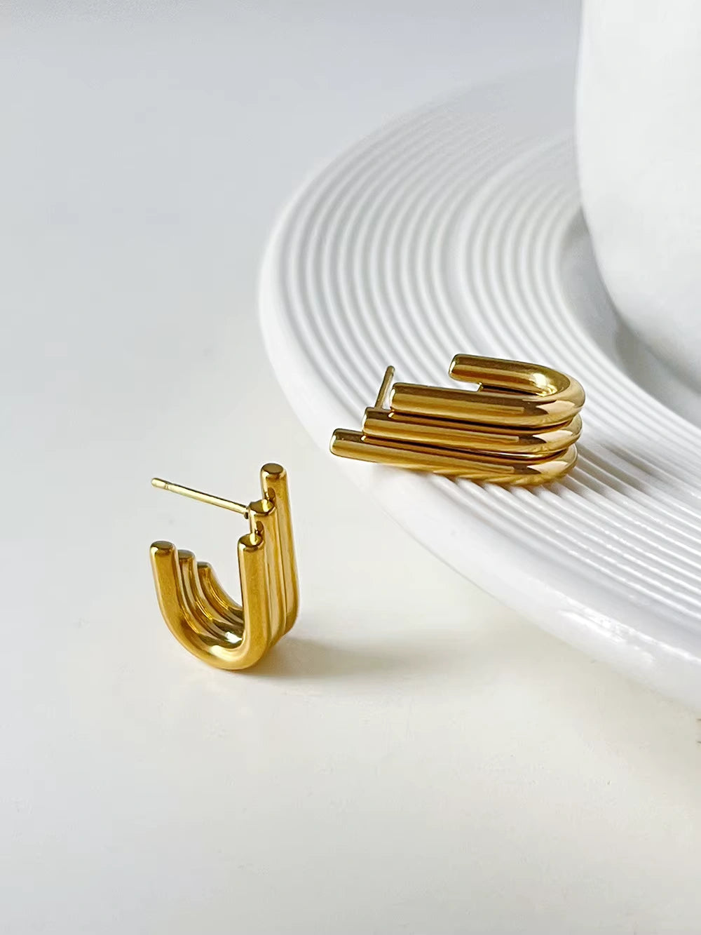 Triple Layered U-Shape Anti Tarnish Gold Plated Stud Earrings