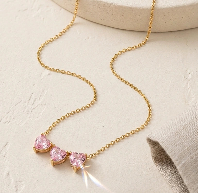 Triple Pink Heart Anti-Tarnish Gold Plated Necklace for Women