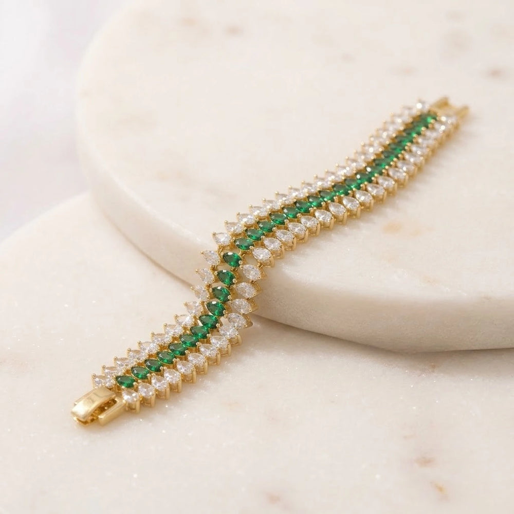 Emerald Green Triple Row Crystal Bracelet | Anti Tarnish Gold Plated