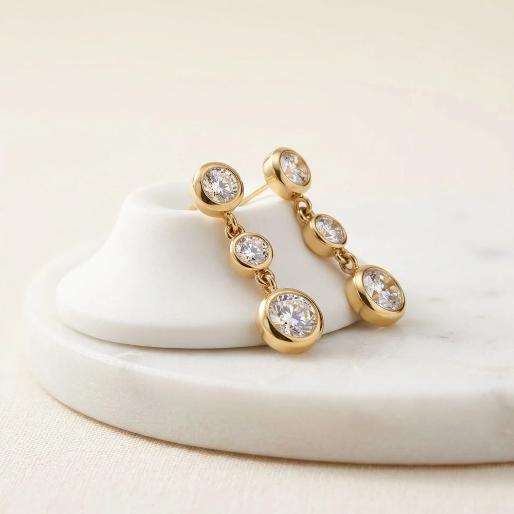 Triple Stone Drop Dangle Earrings - Anti Tarnish Gold Plated