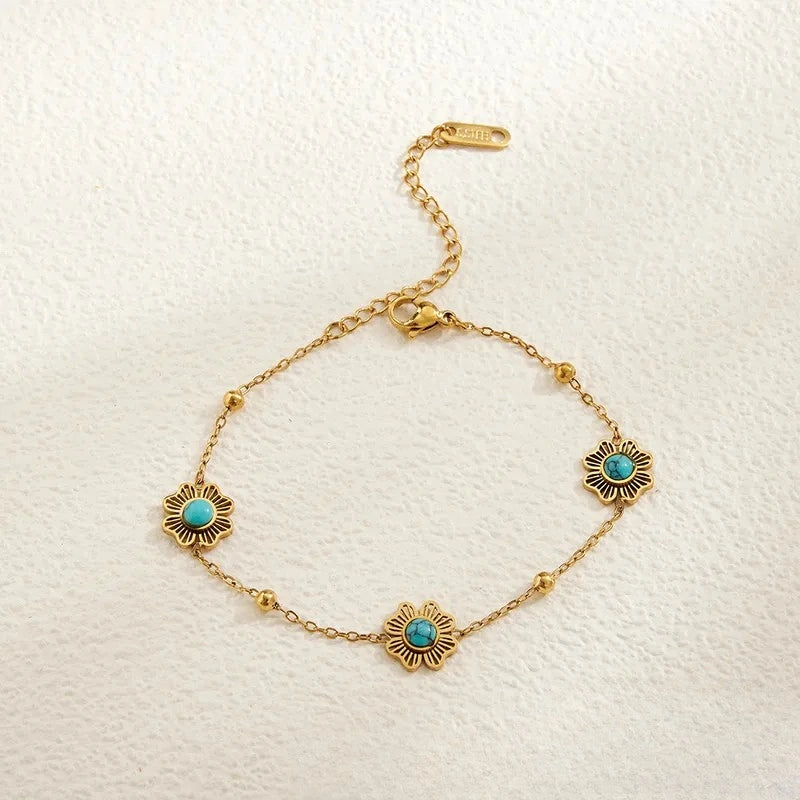 Turquoise Flower Dainty Bracelet - Anti-Tarnish Gold-Plated