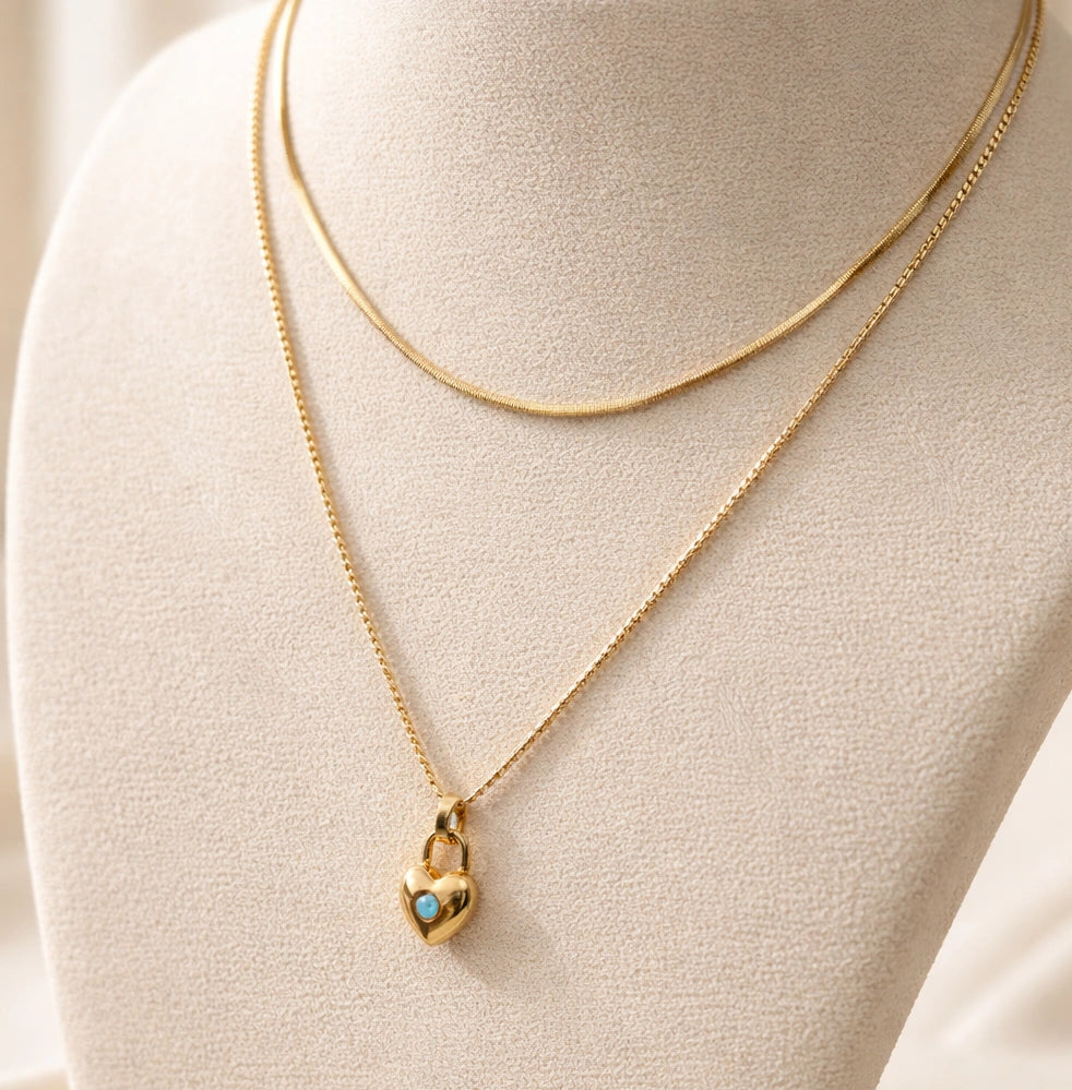 Layered Heart Lock Pendant Necklace | Anti-Tarnish Gold Plated
