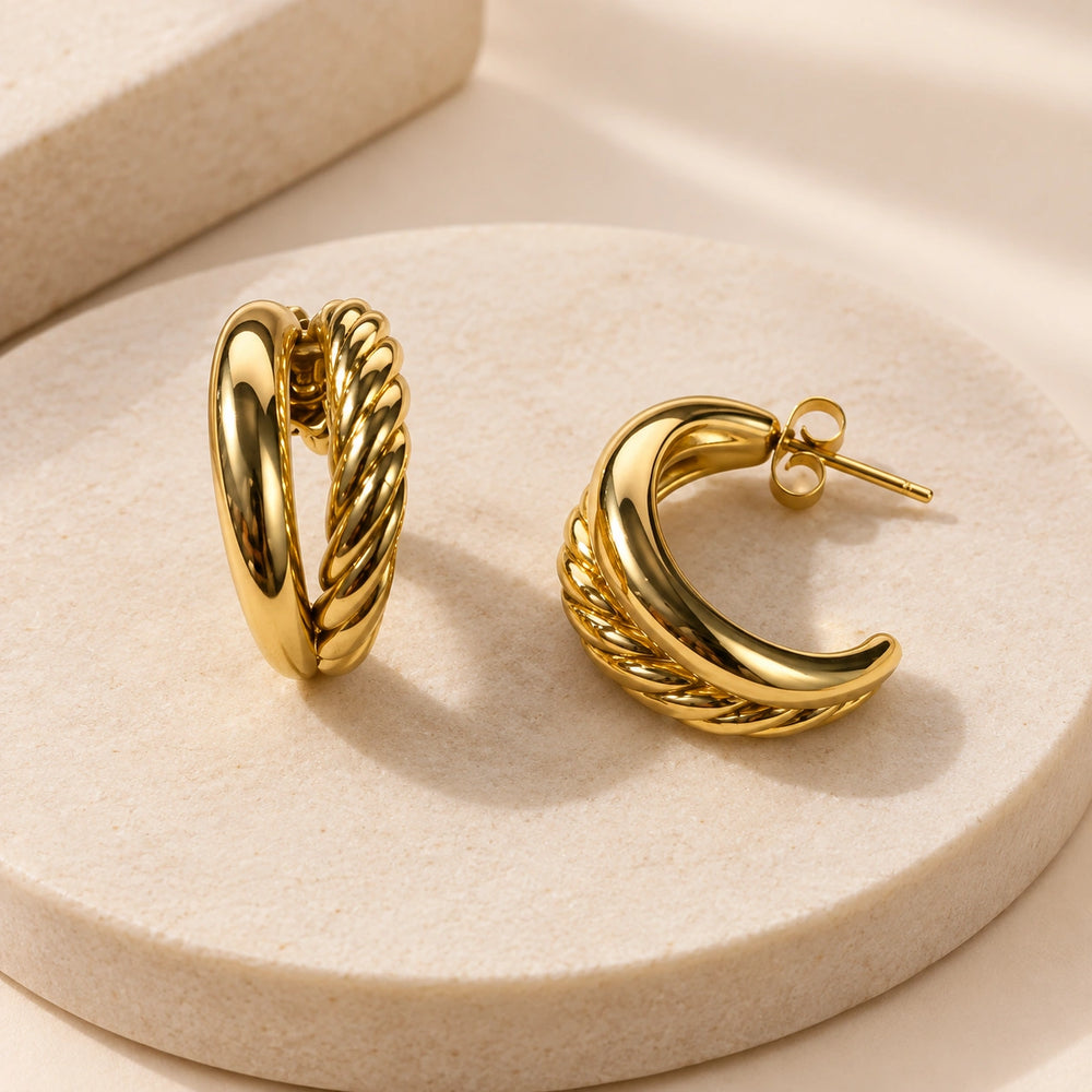 Twisted Double Hoop Anti Tarnish Gold Plated Earrings