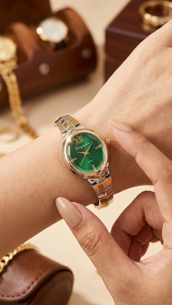 Emerald Green Dial Anti-Tarnish Gold Plated Two-Tone Women's Watch