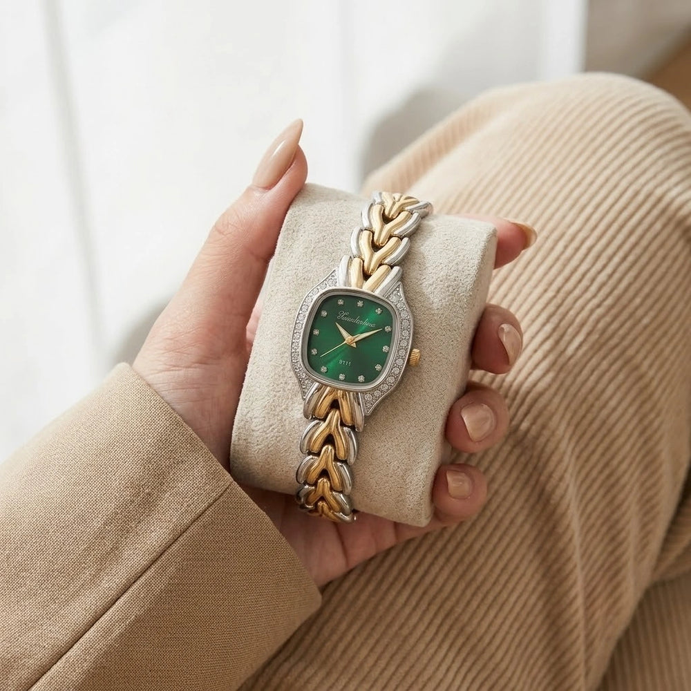 Moncheri Emerald Vintage Dual-Tone Anti-Tarnish Gold Plated Bracelet Watch