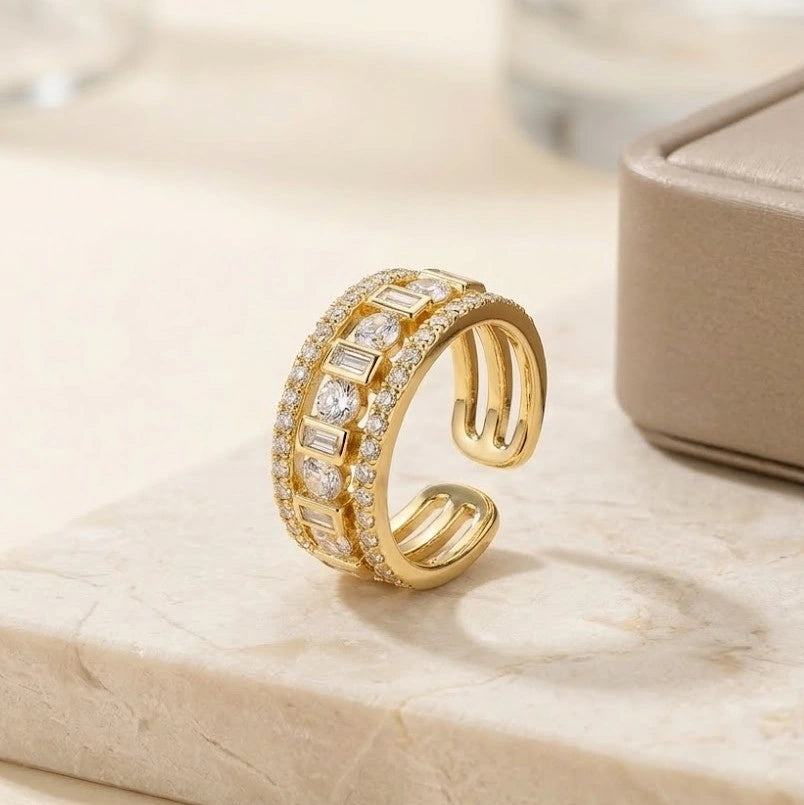 Multi-Layer Baguette & Round Crystal Gold Fashion Ring | Premium Statement Jewelry