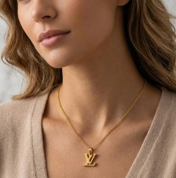 V Initial Monogram Pendant Necklace Front View