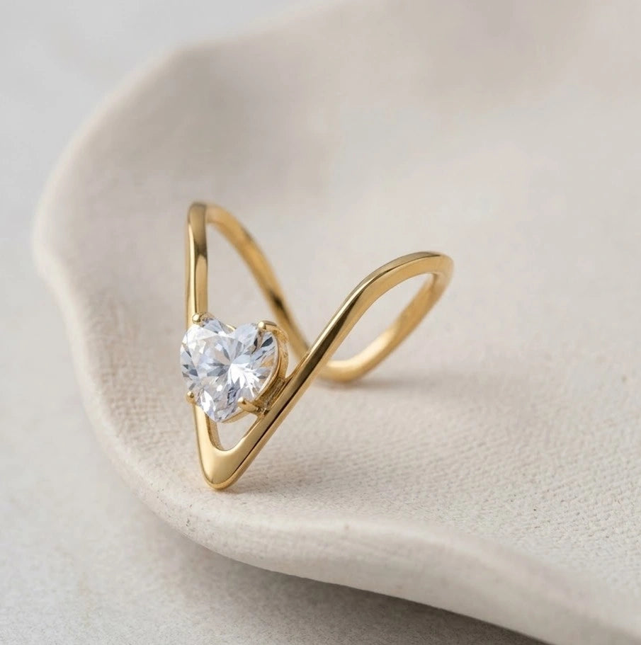 Chevron V-Shape Heart Ring | Anti-Tarnish Gold Plated
