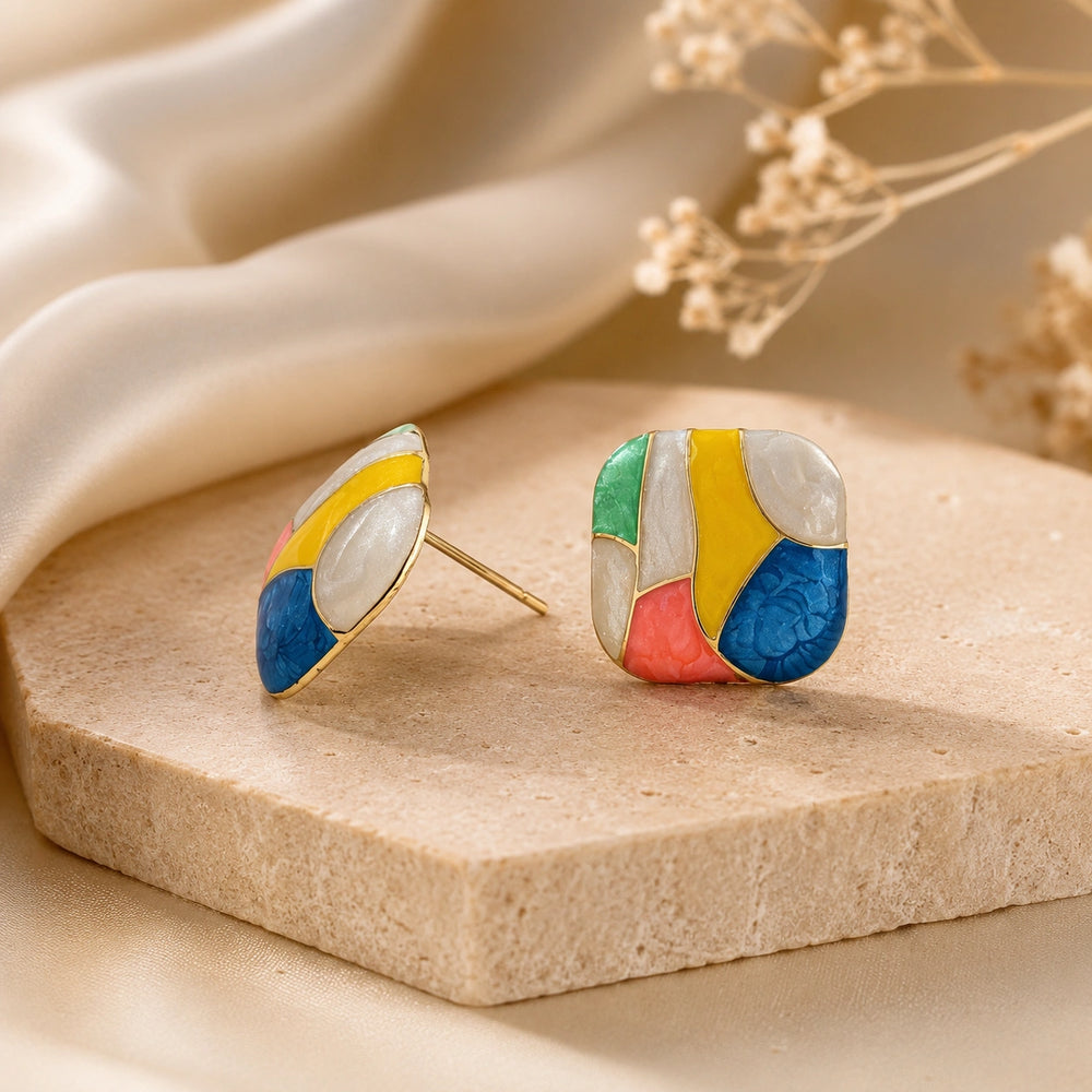Colorful Mosaic Enamel Square Stud Earrings | Gold Plated Quirky Jewelry