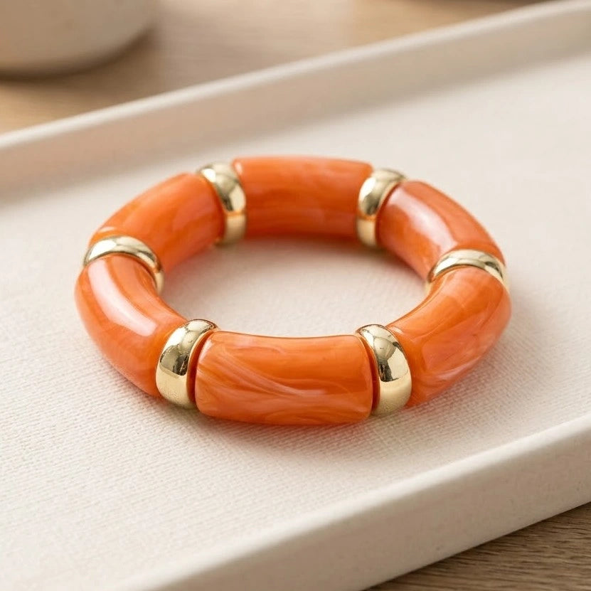 Chunky Orange Resin Bead Bracelet with Metallic Accents | Statement Jewelry