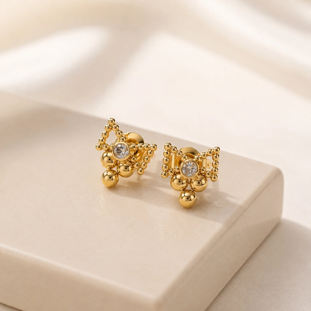 Vintage Beaded Crystal Stud Earrings - Anti Tarnish Gold Plated