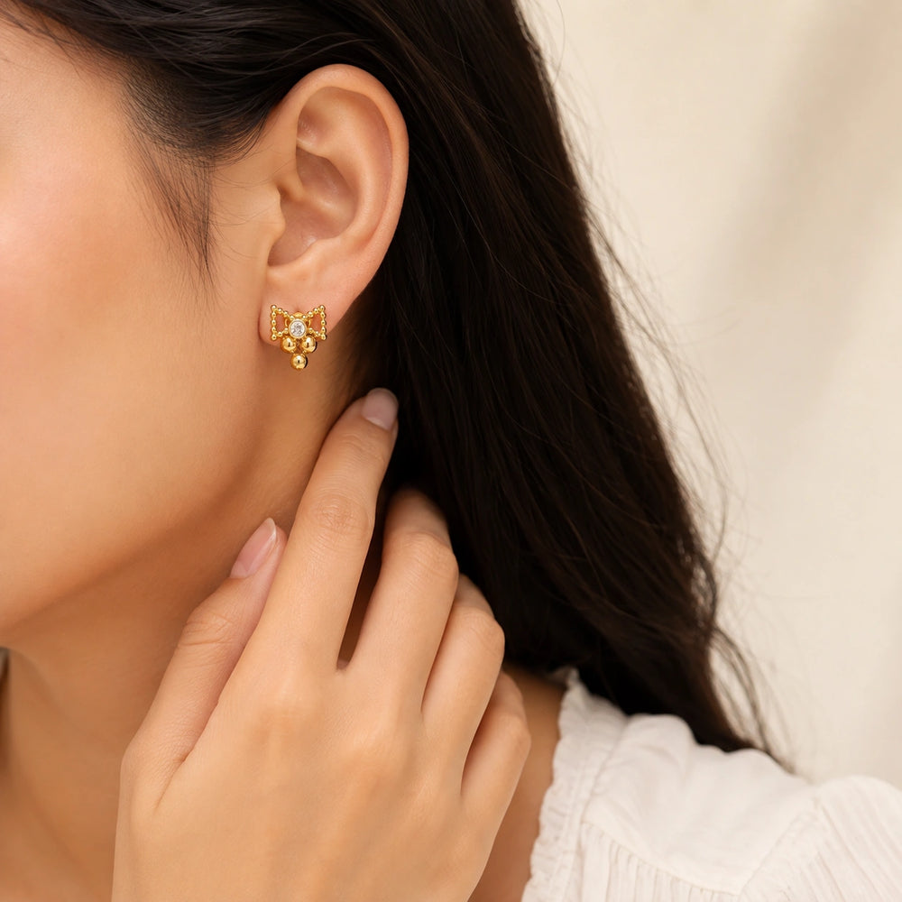 Vintage Beaded Crystal Stud Earrings - Anti Tarnish Gold Plated