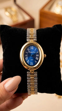 Vintage Blue Dial Oval Watch | Anti-Tarnish Two-Tone & Gold Plated