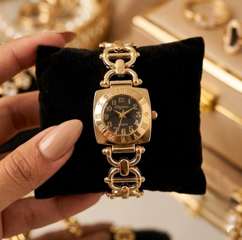 Vintage Chain-Link Anti-Tarnish Gold Plated Watch for Women | Black Dial