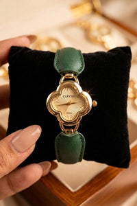 Vintage Clover Dial Watch with Green Strap - Anti-Tarnish Gold Plated