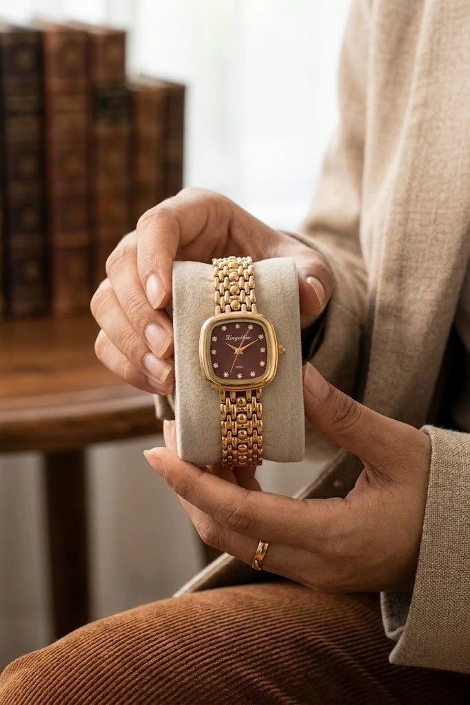 Old Money Aesthetic Burgundy Dial Watch - Anti-Tarnish Gold Plated