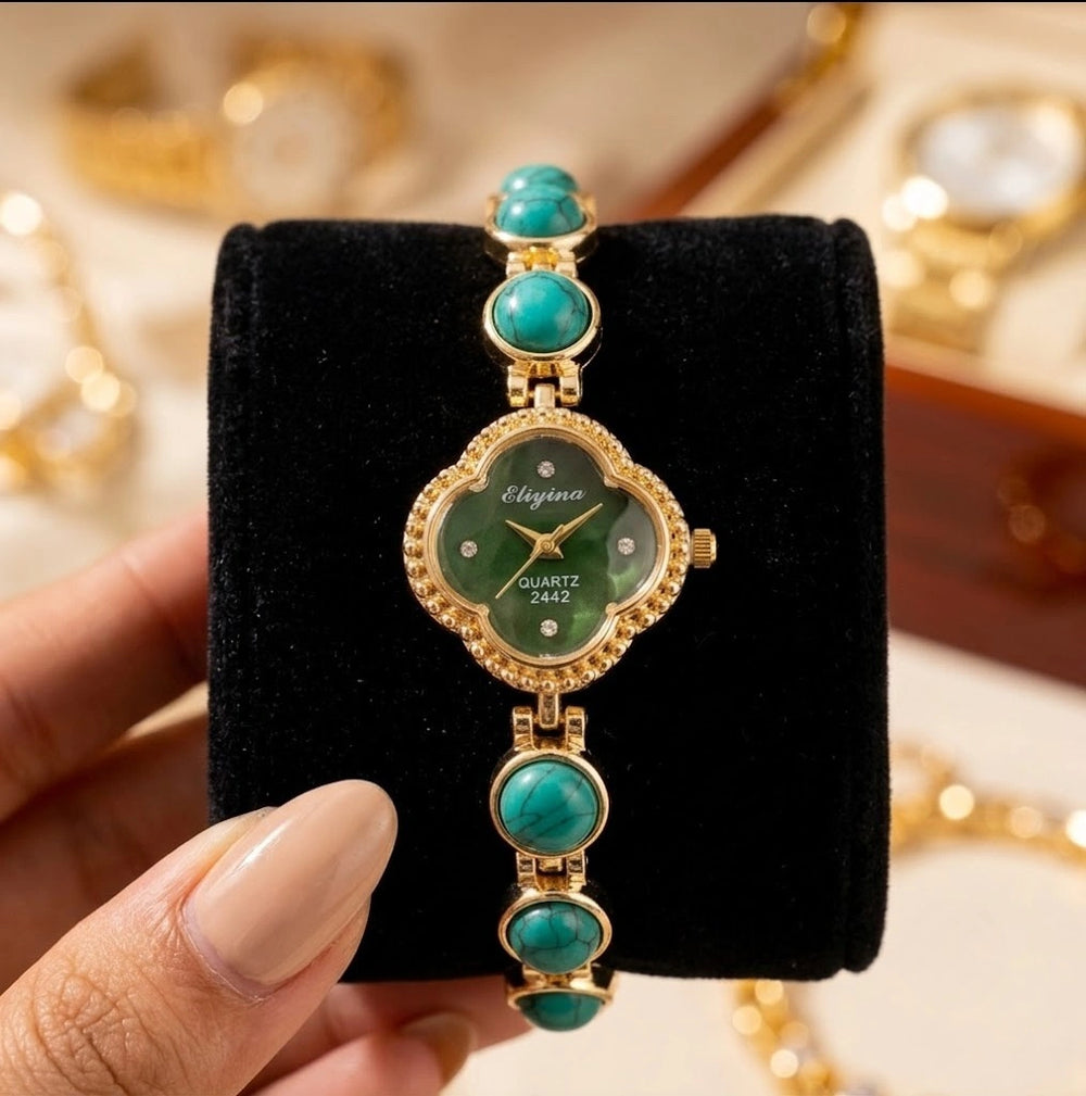 Vintage Emerald Clover Dial Watch – Anti-Tarnish Gold Plated