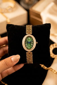 Vintage Emerald Dial Oval Watch | Anti-Tarnish Gold Plated Women's Timepiece