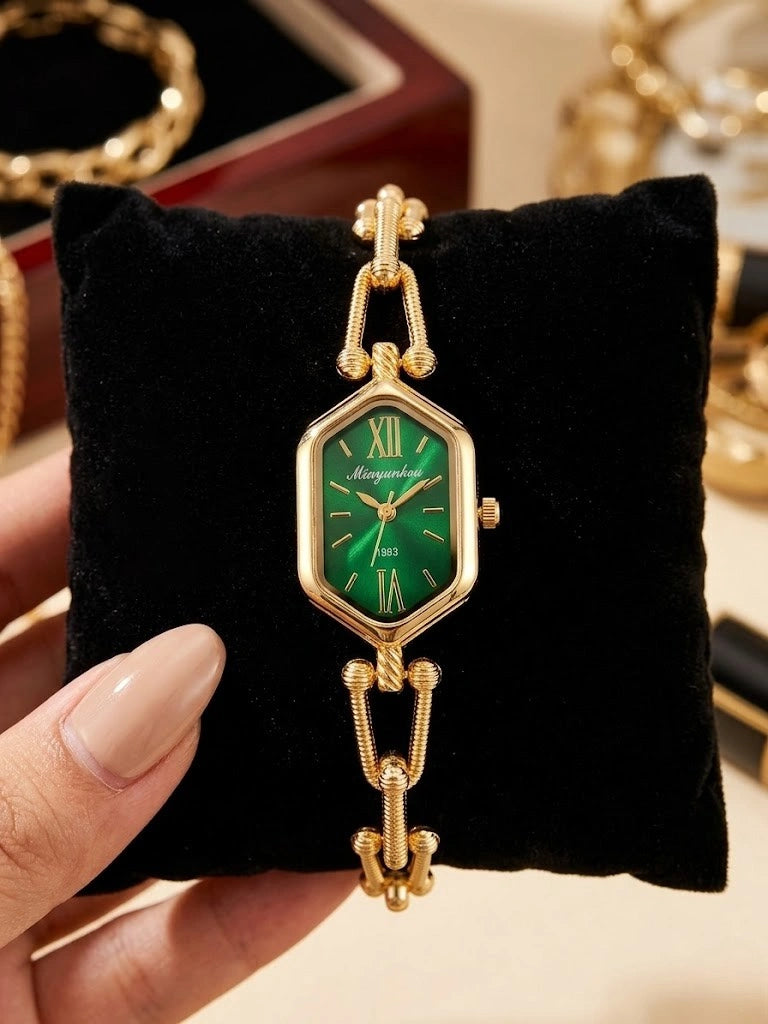 Moncheri Vintage Emerald Hexagon Watch – Anti-Tarnish Gold Plated Bracelet Watch