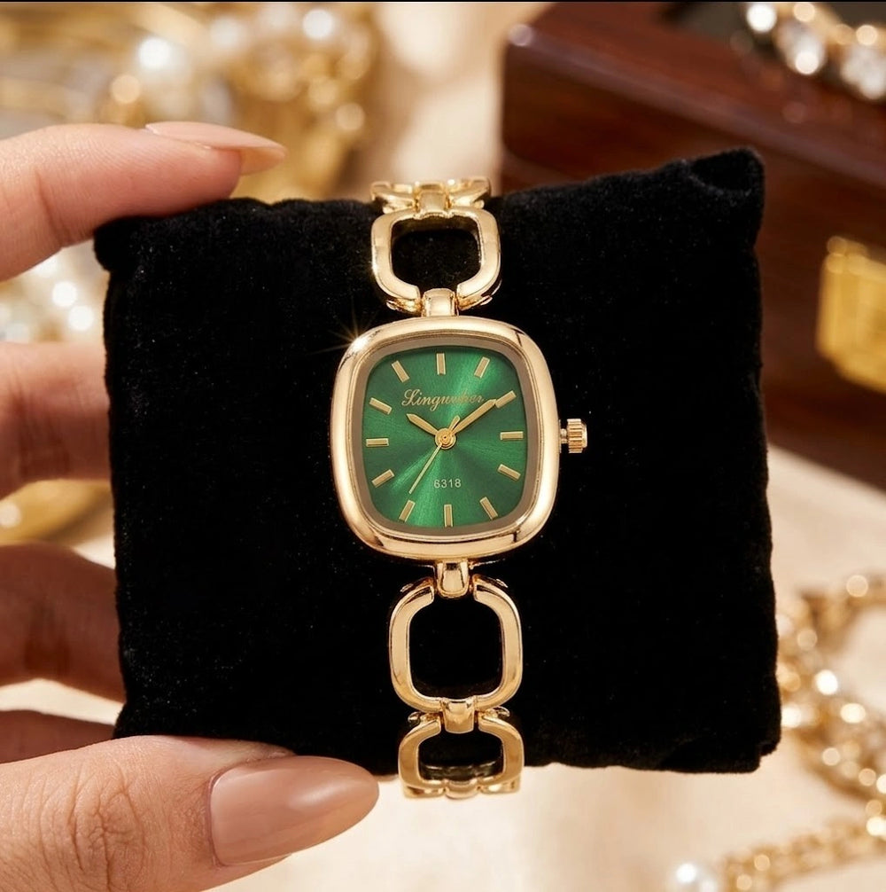 Vintage Emerald Green Dial Chain Watch - Anti-Tarnish Gold Plated