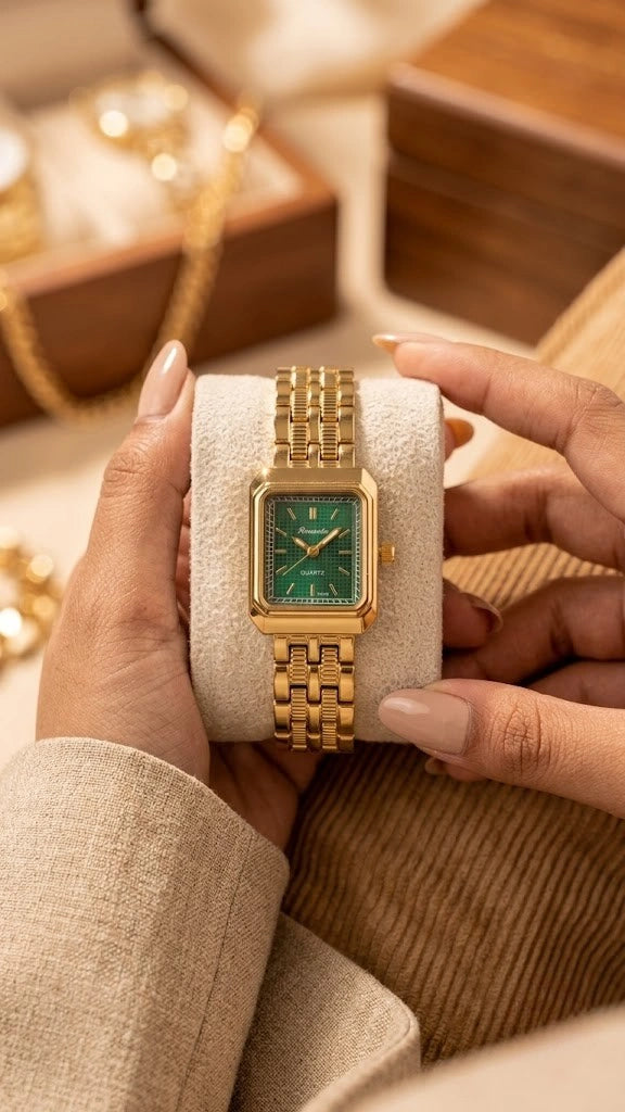 Vintage Emerald Green Rectangle Dial Gold Plated Watch | Anti-Tarnish