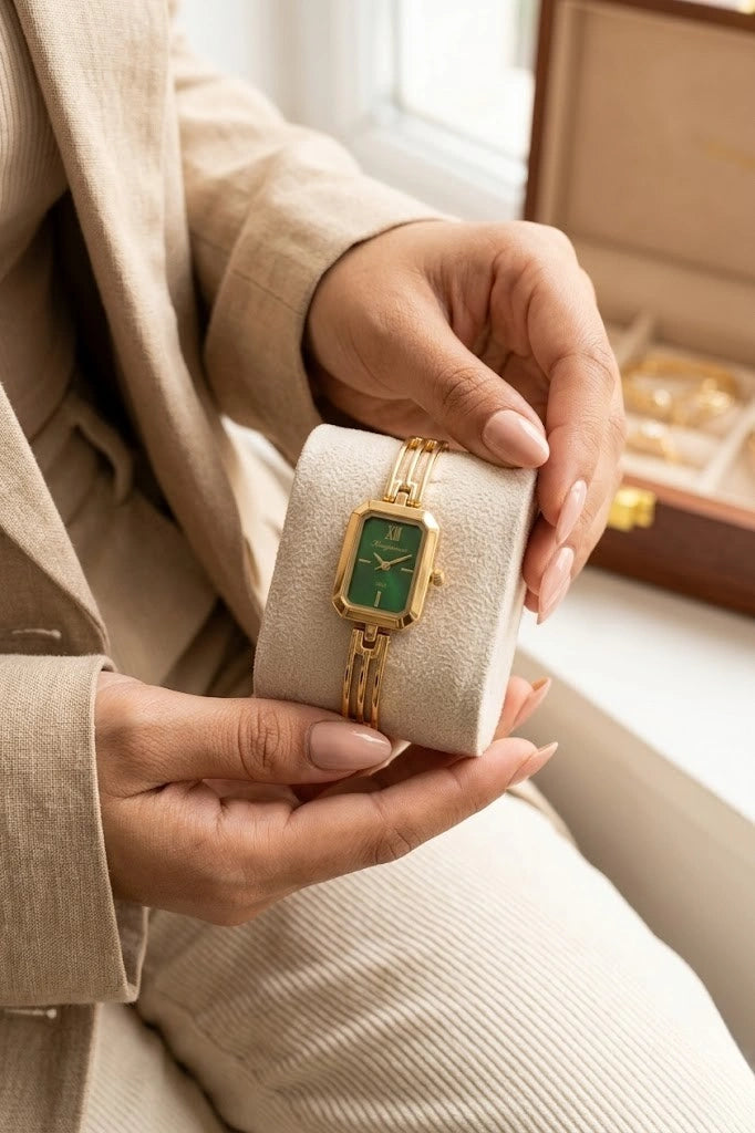 Vintage Emerald Green Dial Watch - Anti-Tarnish Gold Plated