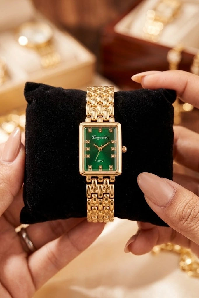 Vintage Emerald Rectangle Watch - Anti-Tarnish Gold Plated