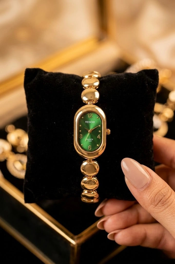 Vintage Emerald Green Oval Watch | Anti-Tarnish Gold Plated