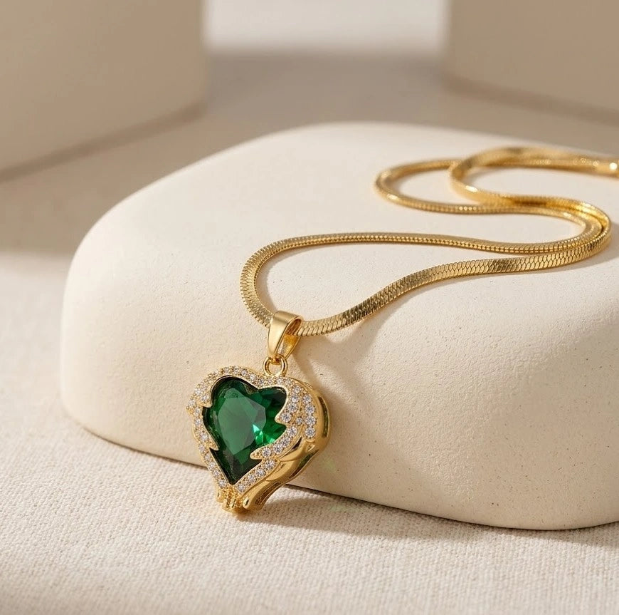 Emerald Green Heart Pendant Gold Plated Necklace - Anti Tarnish