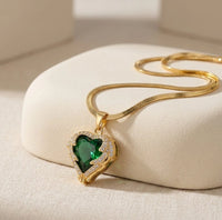 Emerald Green Heart Pendant Gold Plated Necklace - Anti Tarnish