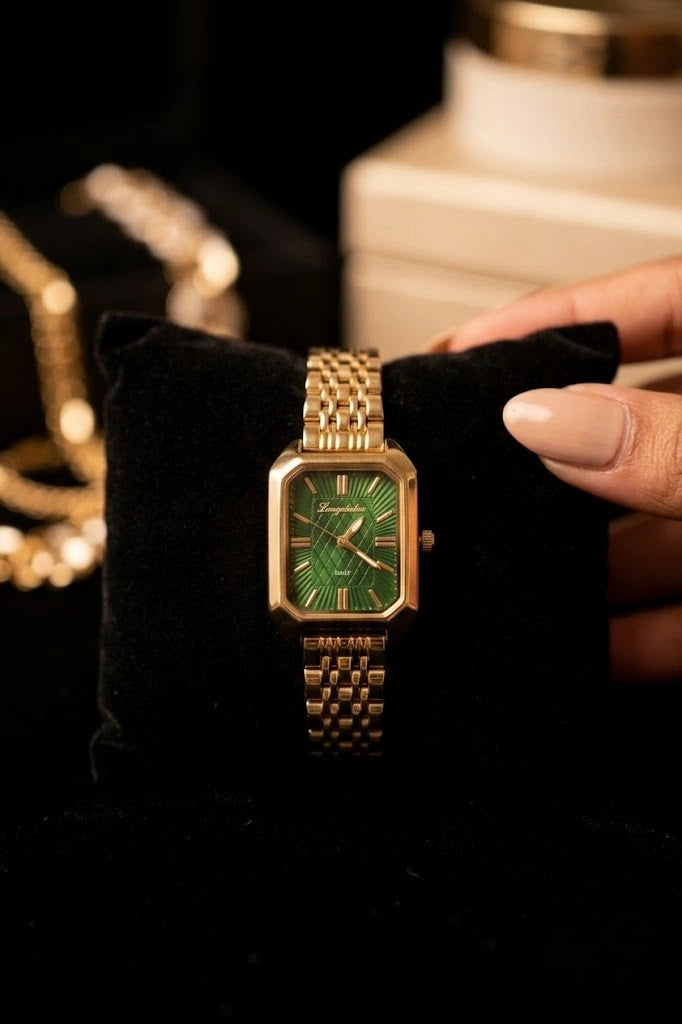 Vintage Emerald Elegance Rectangular Anti-Tarnish Gold Plated Watch