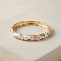 Vintage Floral Enamel Bangle Bracelet - Gold Plated Hinged Kada
