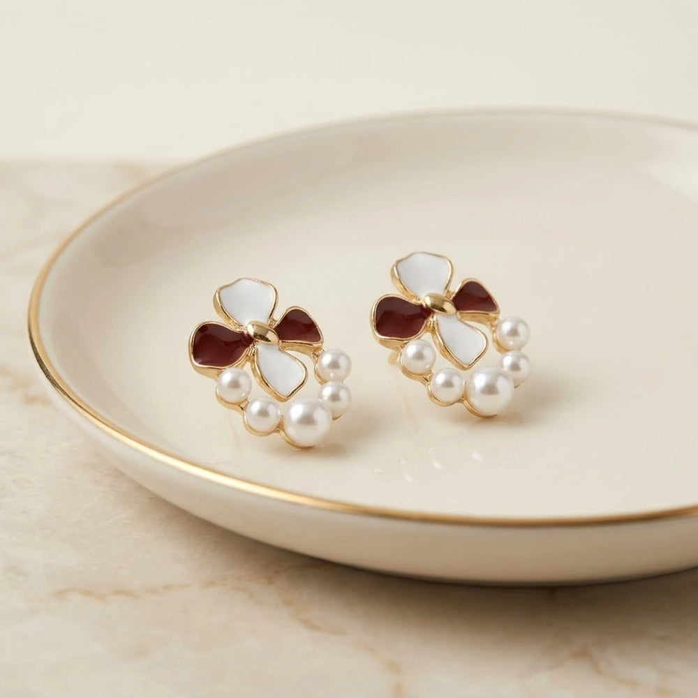 Vintage Floral Pearl Stud Earrings | Maroon & White Enamel Coquette Jewelry
