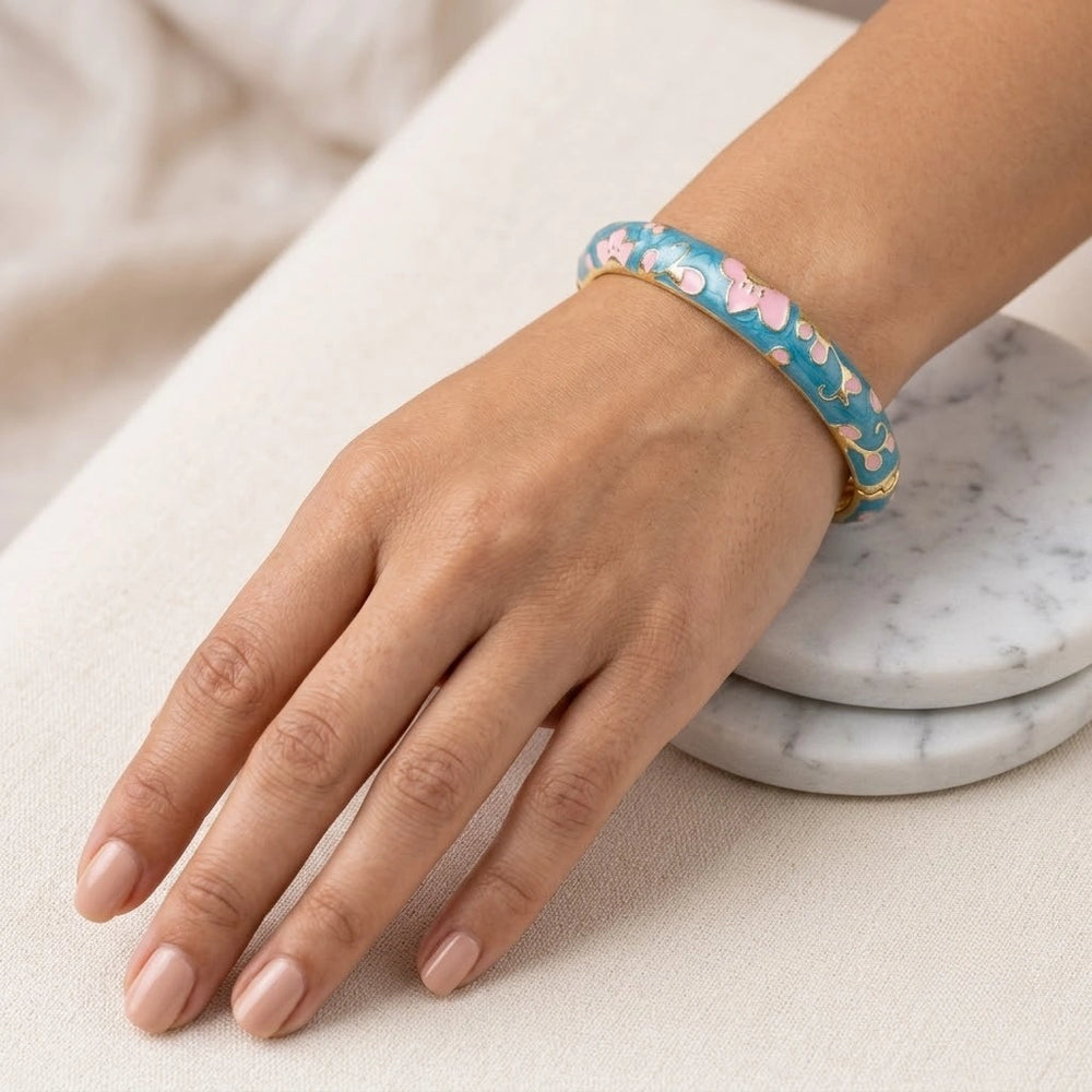 Floral Enamel Gold Plated Bangle - Blue & Pink Cherry Blossom Bracelet