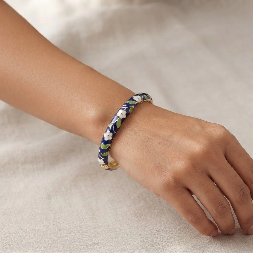 Floral Enamel Bangle Bracelet - Vintage Blue & Gold Design