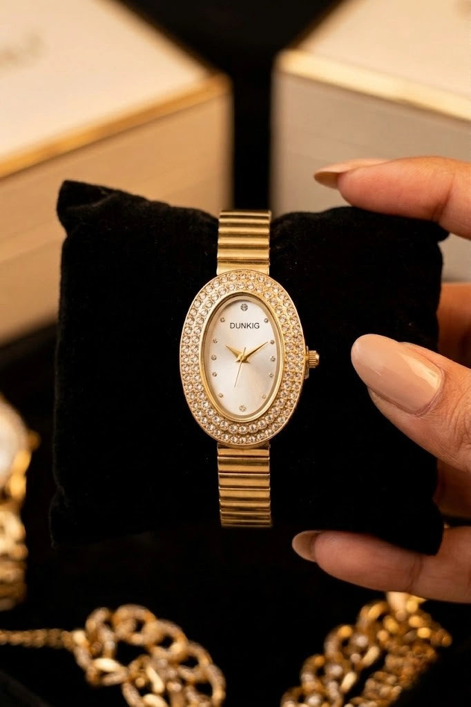 Vintage Crystal Oval Watch - Gold Plated (Anti-Tarnish)