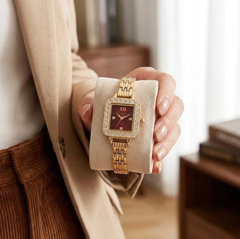 Elegant Square Red Dial Anti-Tarnish Gold Plated Stone Studded Watch for Women