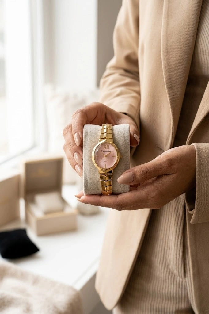 Elegant Pink Dial Anti-Tarnish Gold Plated Watch for Women