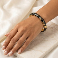 Black Enamel Gold Floral Bangle | Vintage Hinged Bracelet