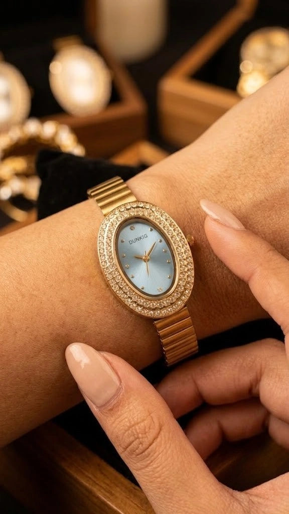Vintage Oval Crystal Watch - Gold Plated & Ice Blue Dial