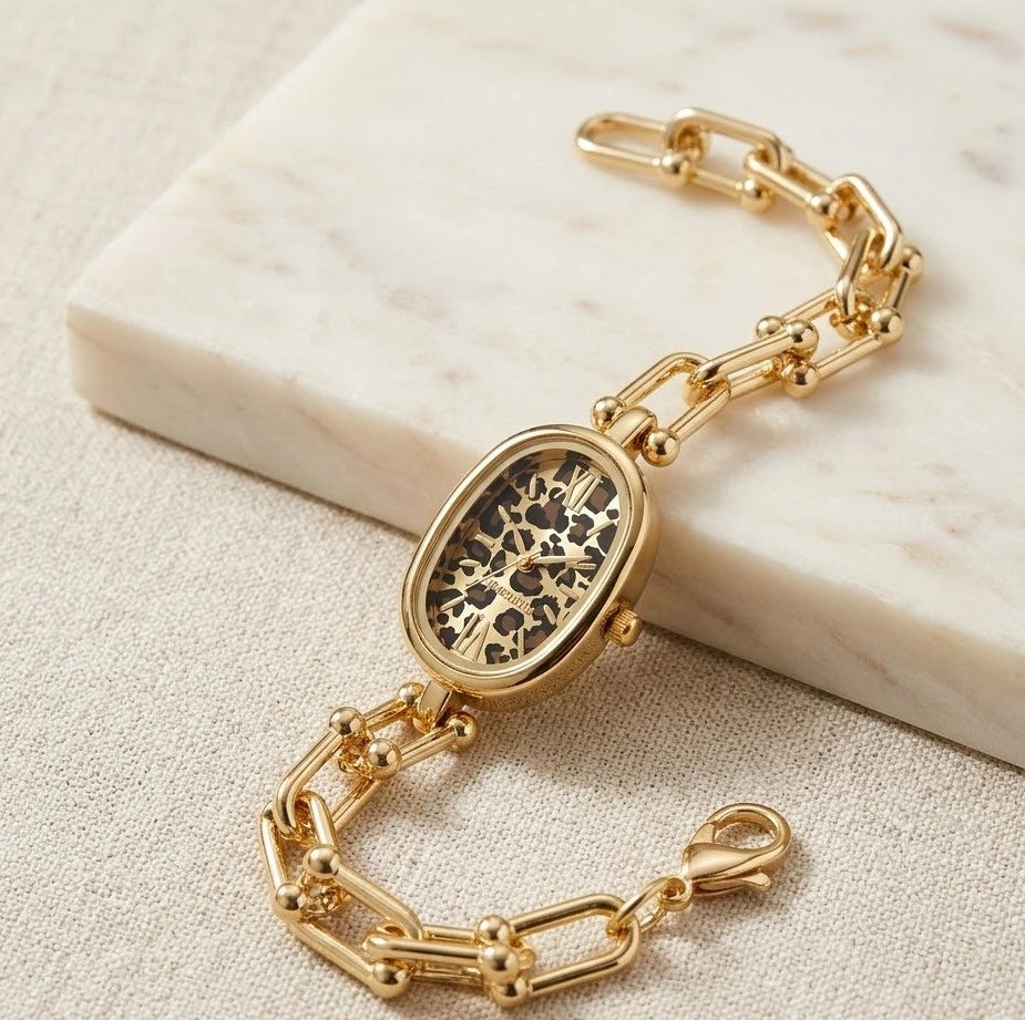 Vintage Leopard Dial Anti-Tarnish Gold Plated Chain Watch