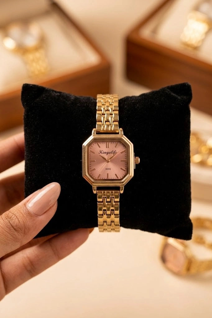 Vintage Octagon Blush Dial Watch - Anti-Tarnish Gold Plated