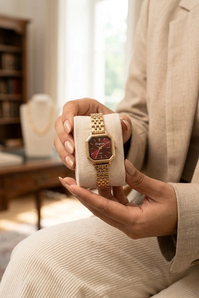 Vintage Ruby Octagon Watch | Anti-Tarnish Gold-Plated ---