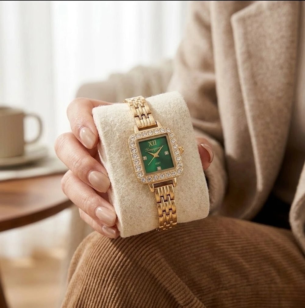 Elegant Emerald Green Square Dial Anti-Tarnish Gold Plated Watch for Women