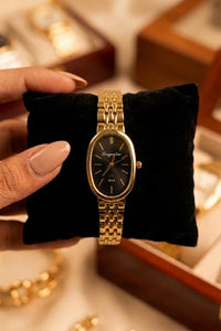 Vintage Oval Black Dial Watch | Anti-Tarnish Gold Plated | Moncheri Jewels