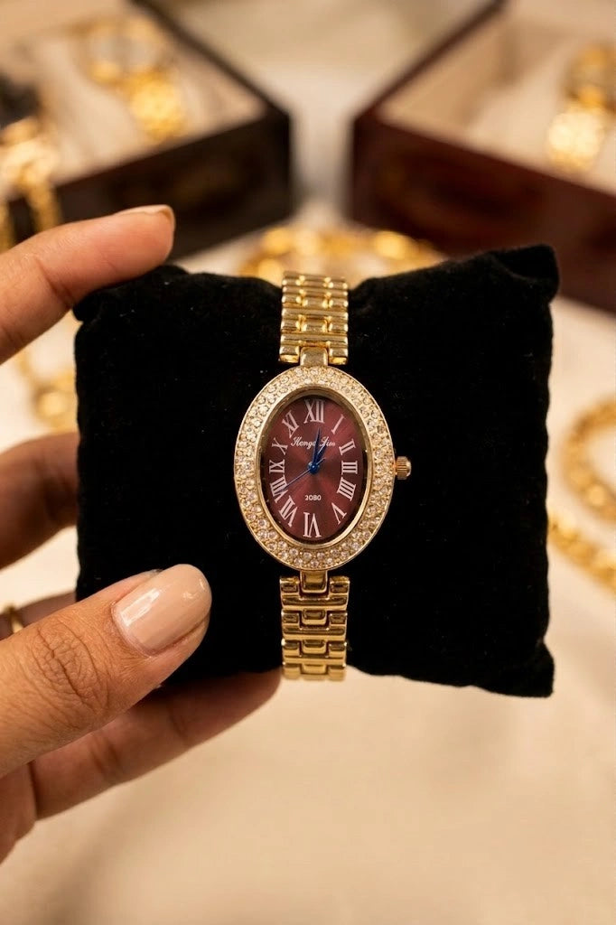 Vintage Glam Oval Burgundy Dial Anti-Tarnish Gold Plated Watch