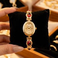 Vintage Aesthetic Oval Dial Watch | Anti-Tarnish Gold Plated with Red Accents
